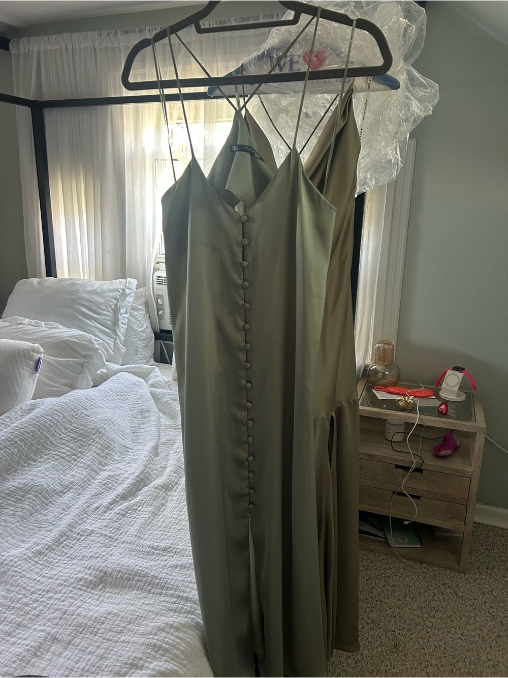 Zara Olive Green Satin Maxi Dress with Front Buttons